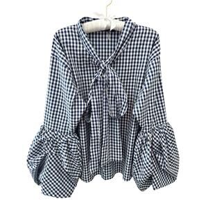 TOV | Navy Gingham Tie Neck Blouse Puff Sleeve Statement Top | EU 38 Medium